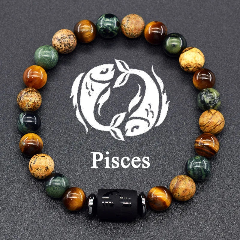 12 Zodiac Constellation Signs Bracelet for Men & Women – Natural Tiger Eye Stone Beaded Bracelet, Leo Taurus Charm Couple Jewelry