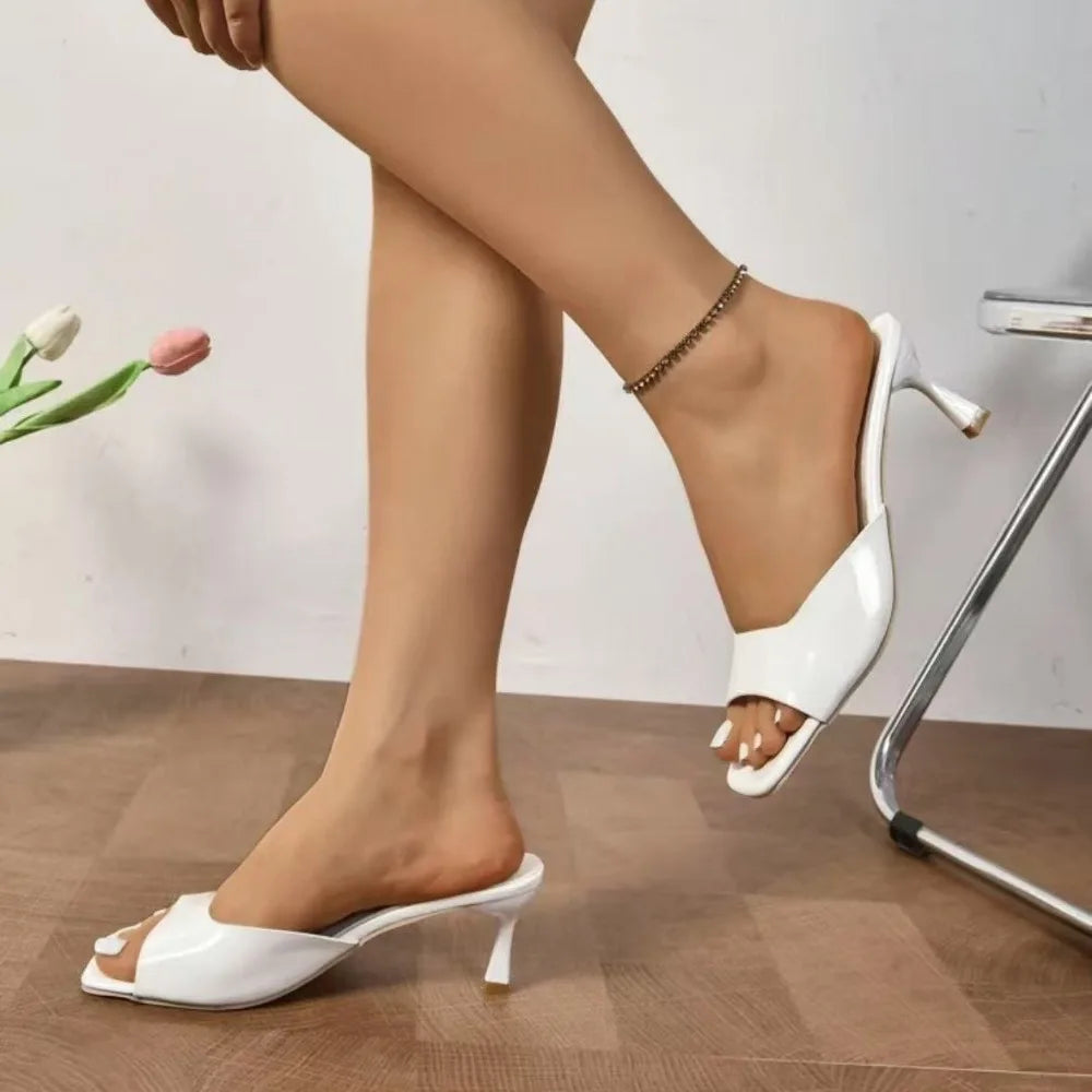 Women’s Elegant Peep Toe Stiletto Heel Sandals Slip-On Open Toe Mid Heel Summer Office Party Dress Shoes