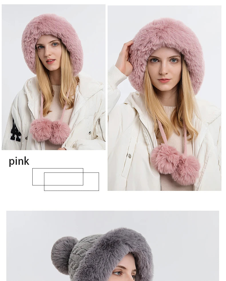 Winter Fluffy Fur Kintted Cap for Women Russian Lady Soft Warm Ear Protection Hats Female Outdoor Plush Coldproof Ball Beanies