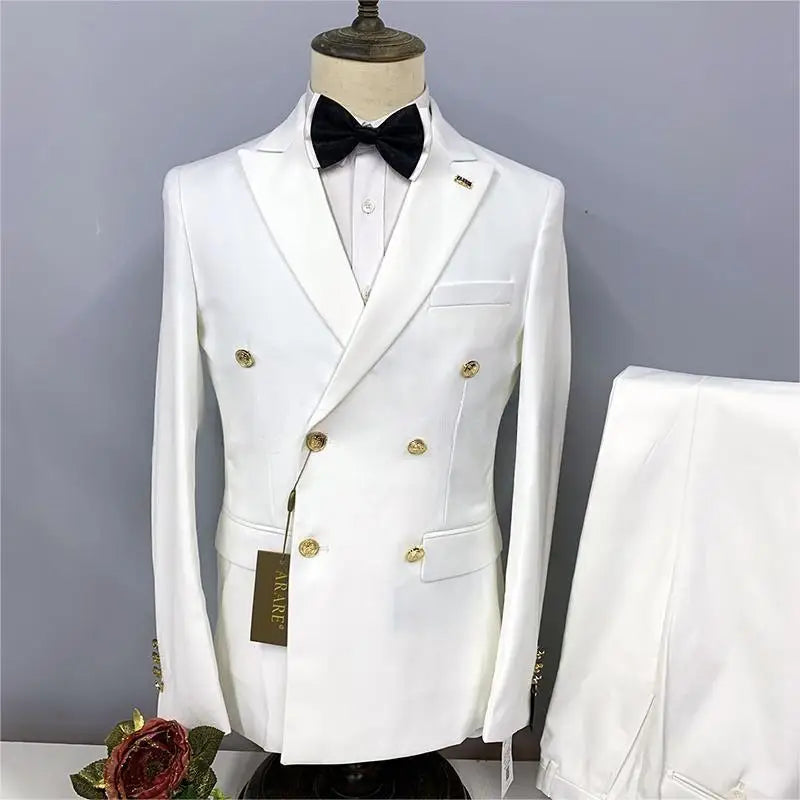 2024 Formal Business 2 Pieces Mens Suit Brown Tuxedos Double-breasted  Metal Jacket for Wedding Groom(Blazer+Pants)