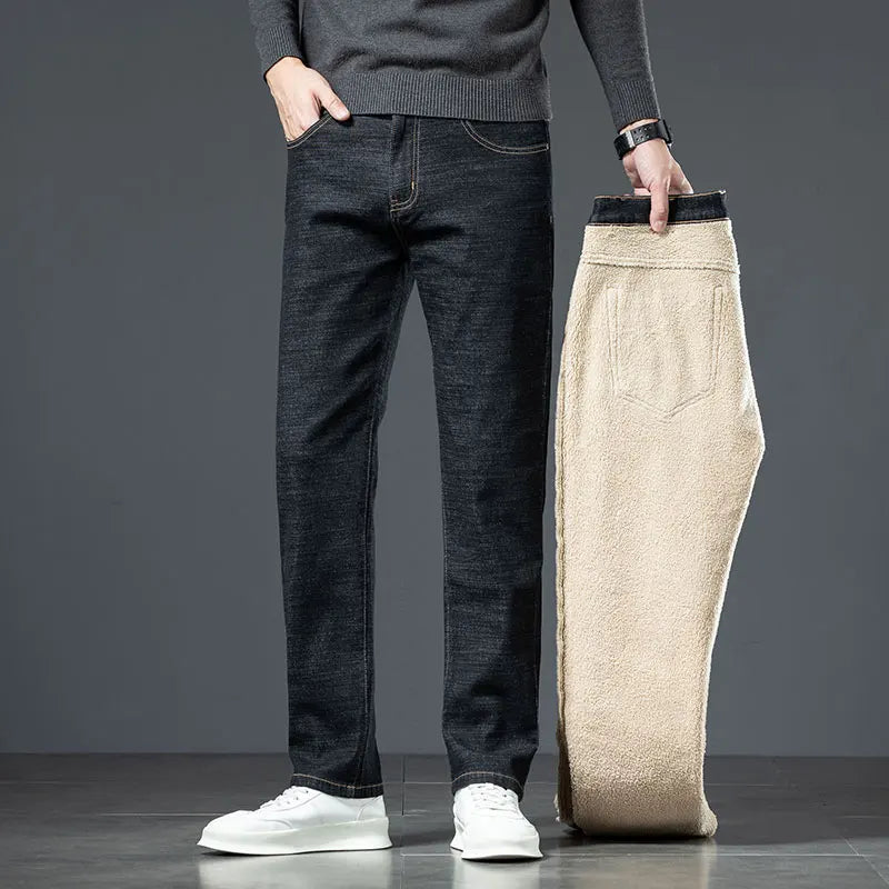 Plus Size 44 46 Casual Sherpa Warm Jeans Men Winter Velvet Thick Trousers Loose Straight Business Classic Fleece Denim Pants