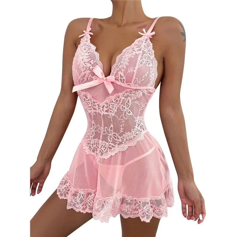 Sexy Sleepwear Deep-V Night Dress Women Nightgown Lace See-Through Nightie Lingerie Sleeveless Mini Dress Exotic Nightdress