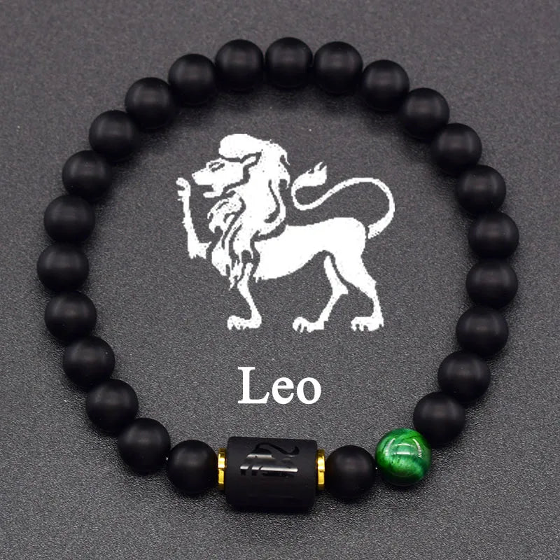 12 Zodiac Constellation Signs Bracelet for Men & Women – Natural Tiger Eye Stone Beaded Bracelet, Leo Taurus Charm Couple Jewelry