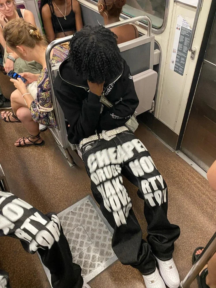 Y2k Wide Leg Jeans 2026 New Trend Hip Hop Letter Printed Black Pants Men Women Fashion Punk Loose Straight Trousers Streetwear