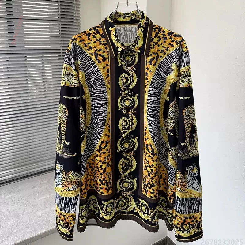 Men's shirt retro Baroque animal print shirt casual loose long sleeved shirt light luxury design sense men's top XS-6XL size