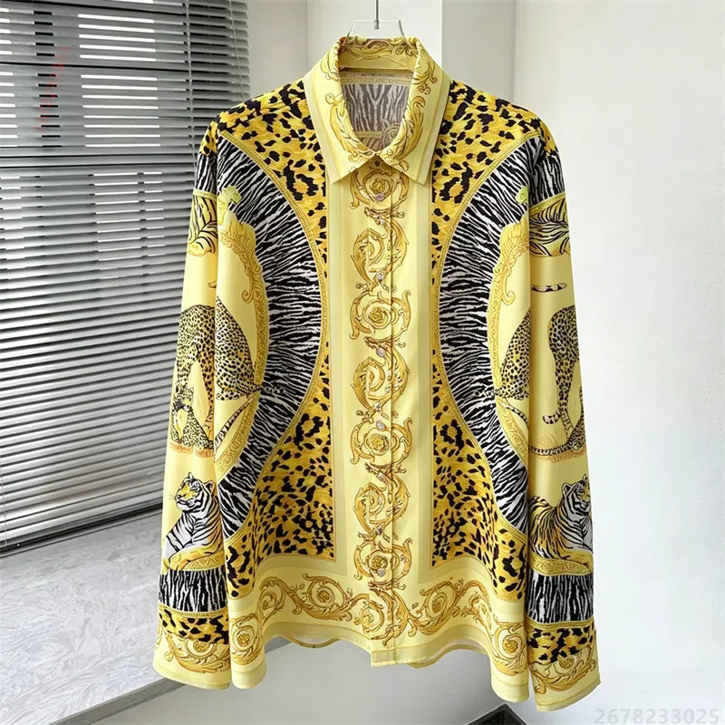 Men's shirt retro Baroque animal print shirt casual loose long sleeved shirt light luxury design sense men's top XS-6XL size