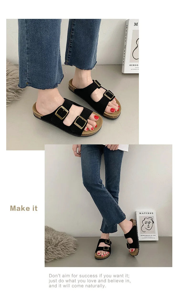 Comwarm Classic Cork Slippers For Women New Fashion Suede Flats Sandals Summer Couple Beach Slides Shoes With Adjustable Buckle