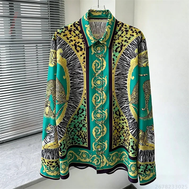 Men's shirt retro Baroque animal print shirt casual loose long sleeved shirt light luxury design sense men's top XS-6XL size