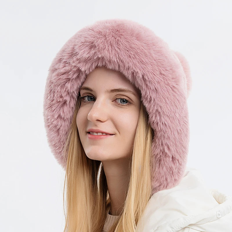 Winter Fluffy Fur Kintted Cap for Women Russian Lady Soft Warm Ear Protection Hats Female Outdoor Plush Coldproof Ball Beanies