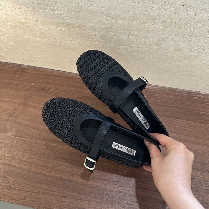 2026 Summer Breathable Hollow out Weave Women Ballet Flats Fashion Mary Janes Soft Soles Walking Loafers Casual Girls Shoes
