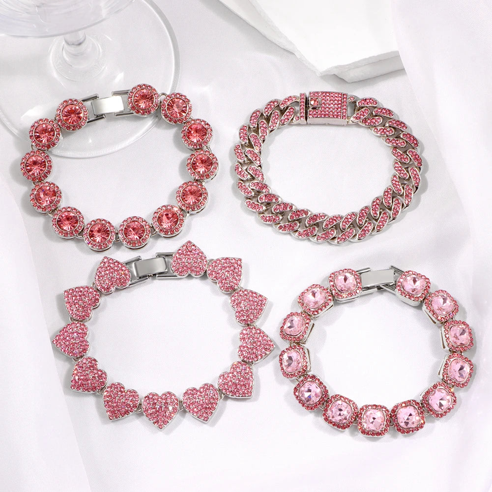 Iced Out Pink Cuban Bracelet Set for Women – 4Pcs Hip Hop Crystal Heart, Circle & Square Gold/Silver Tone Bracelets, Fashion Jewelry Gift