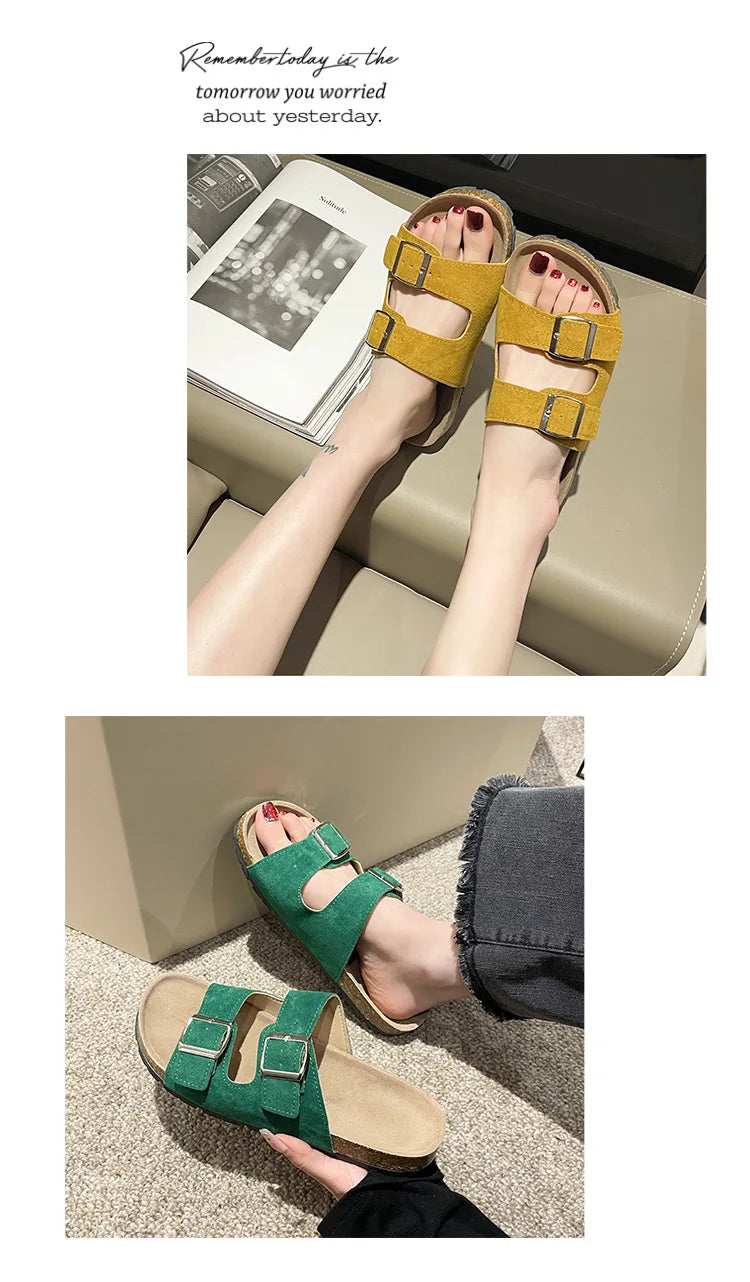 Comwarm Classic Cork Slippers For Women New Fashion Suede Flats Sandals Summer Couple Beach Slides Shoes With Adjustable Buckle