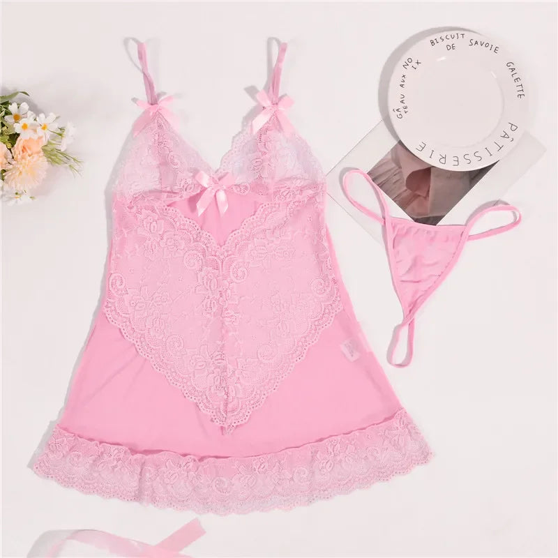 Sexy Sleepwear Deep-V Night Dress Women Nightgown Lace See-Through Nightie Lingerie Sleeveless Mini Dress Exotic Nightdress