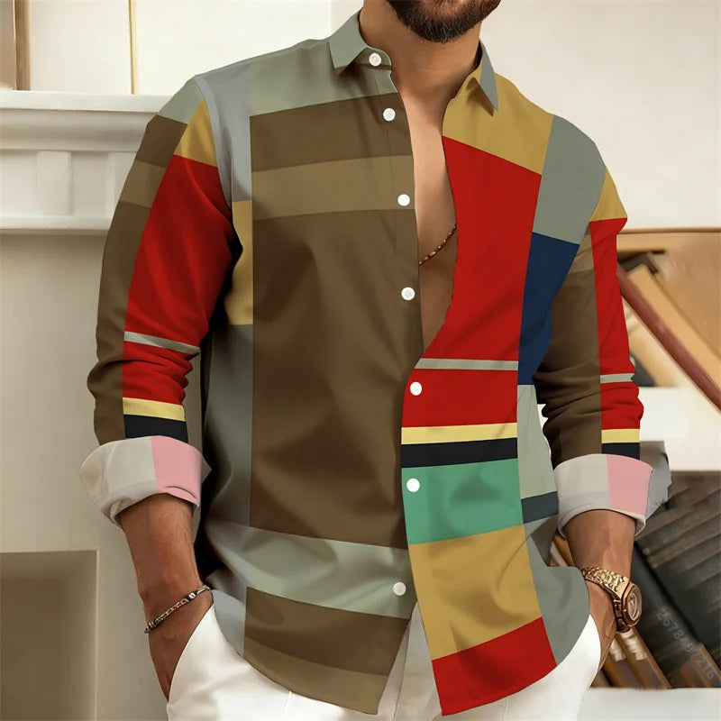 New Men's Color-Block Patchwork Long-Sleeved Shirt, Geometric Striped Casual Business Shirt, Slim-Fit Men's Top, Sizes S-6XL.