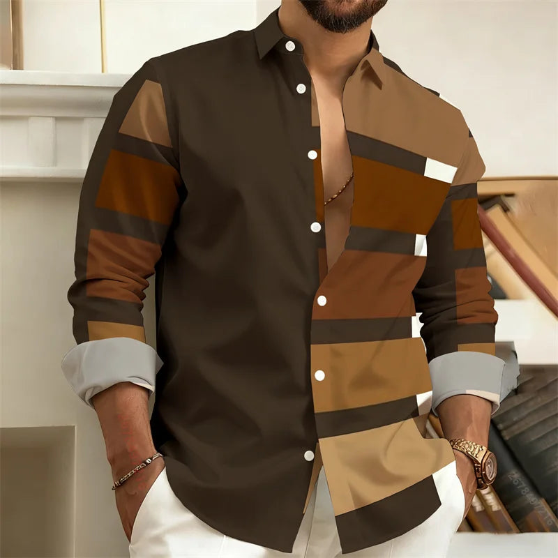 New Men's Color-Block Patchwork Long-Sleeved Shirt, Geometric Striped Casual Business Shirt, Slim-Fit Men's Top, Sizes S-6XL.