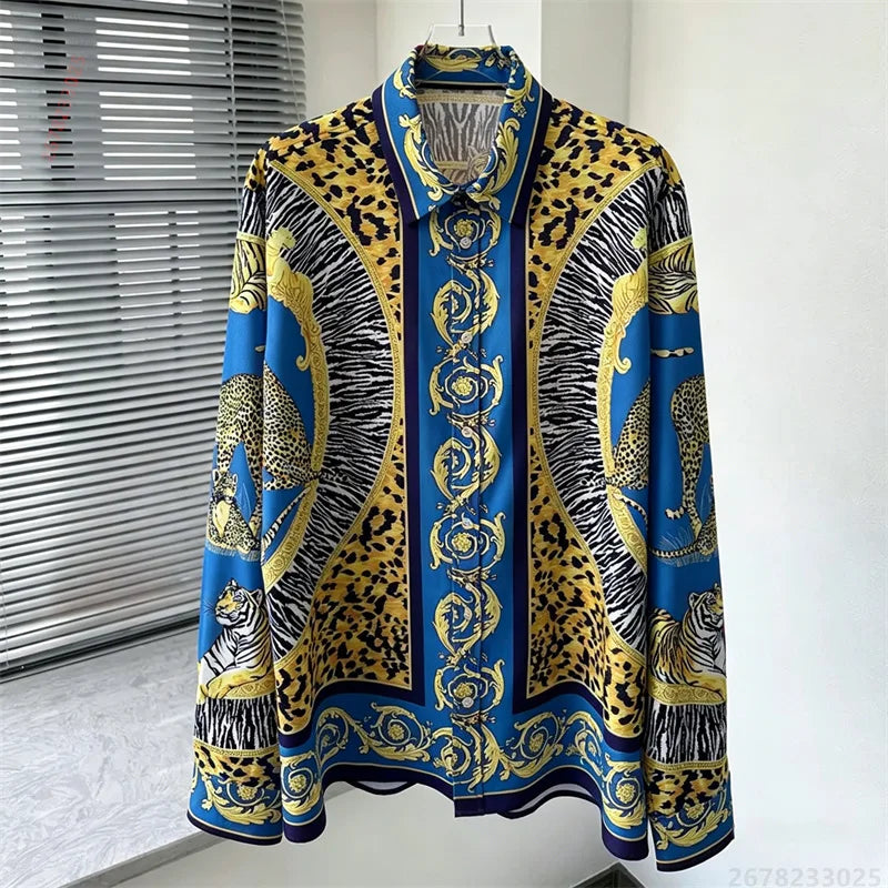 Men's shirt retro Baroque animal print shirt casual loose long sleeved shirt light luxury design sense men's top XS-6XL size