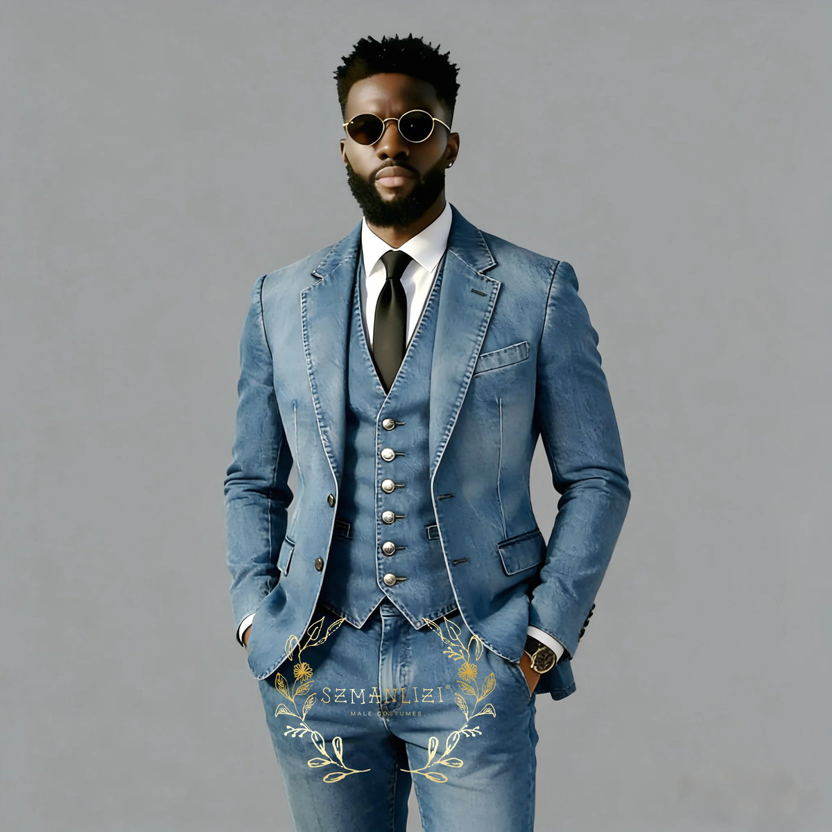 Fashion Design Men's Clothing Denim Suit 3pcs Single-breasted Blazer Vest Pants Elegant Wedding Evening Party Tuxedos Bespoke
