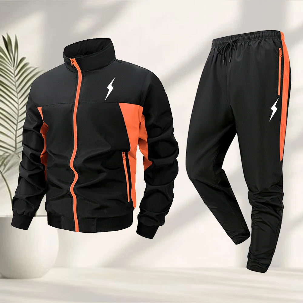 Men’s Lightning Print Sportswear Tracksuit Set – Zip-Up Jacket & Matching Trousers for Outdoor Fitness, Cycling & Casual Active Wear