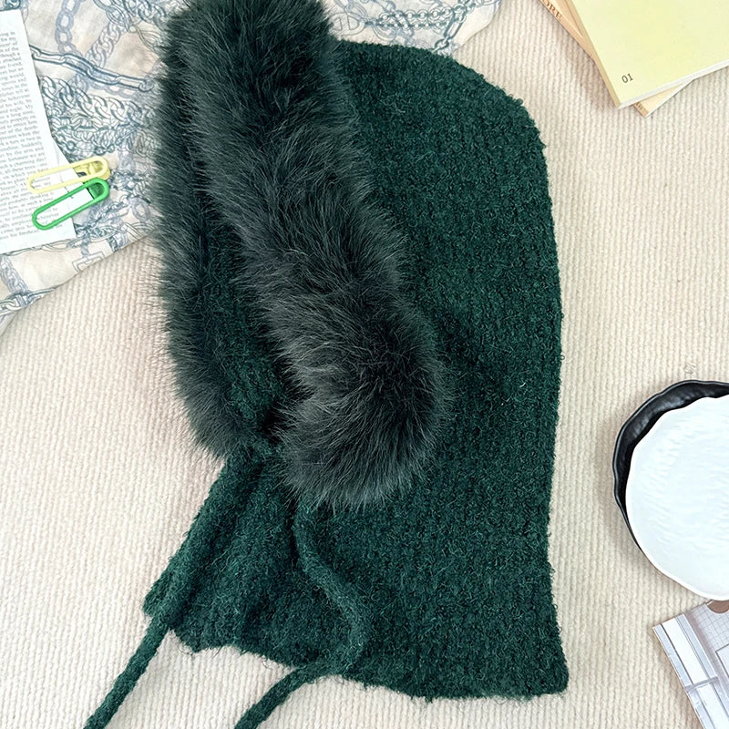 New Balaclava Women's Winter Wool Knitted Hat Ski Windproof Hat Thick Plush Fluffy Beanies Hood Pullover Hats for Riding Outdoor