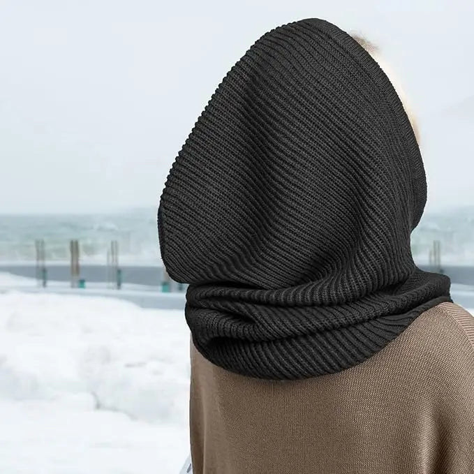Knitted Hooded Scarf Hat Knit Balaclava Korean Outdoor Style Warm Hooded Scarf with Adjustable Drawstring