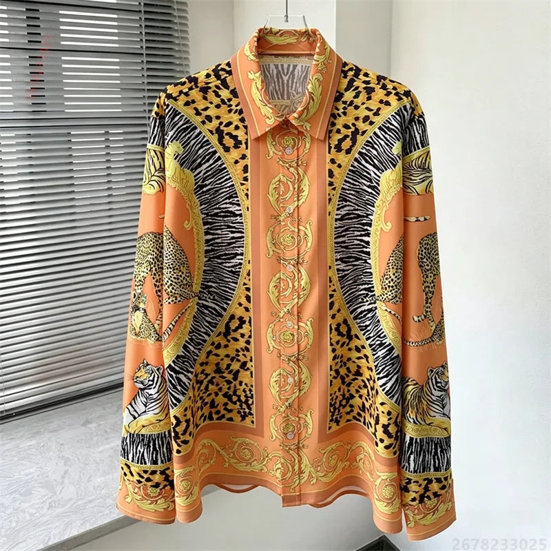 Men's shirt retro Baroque animal print shirt casual loose long sleeved shirt light luxury design sense men's top XS-6XL size