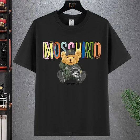 Bear Print Pure Cotton Quick Dry Loose Short Sleeve T-Shirt for Men and Kids