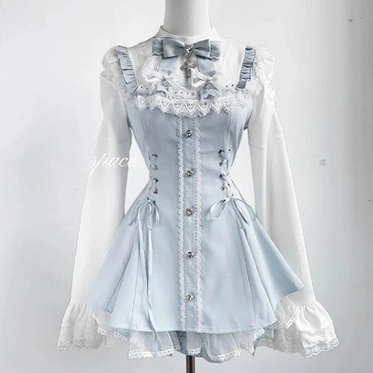 Women Y2K Aesthetic Lolita Style Bow Dress Shorts Set Japanese Gothic Lace Flare Sleeve Button Shirt Dress Cute Blue Mini Dress