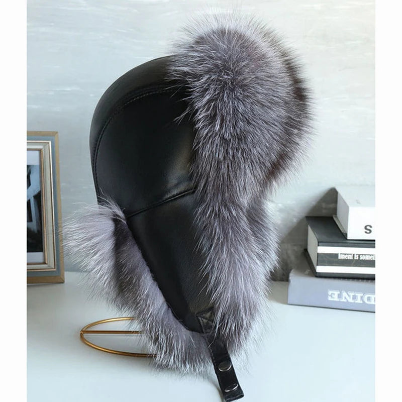 Natural Raccoon Fur Hat Women Black Fox Fur Russian Ushanka Hats Winter Warm Ears Bomber Cap