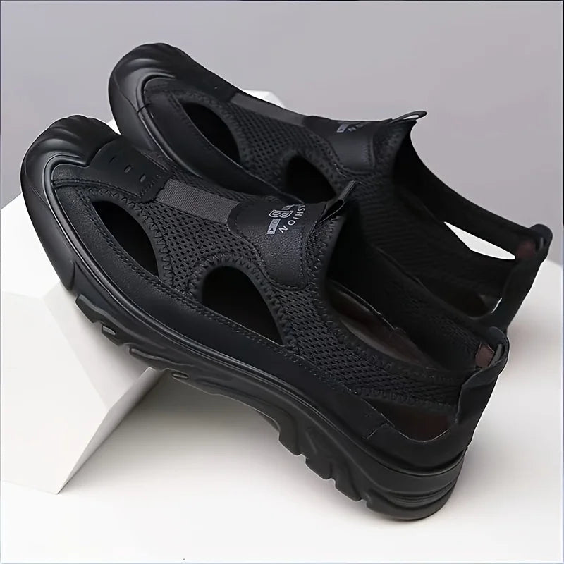 Men Closed Toe Hiking Sandals 2026 New Breathable Mesh Leather Slip On Outdoor Water Shoes Non Slip Thick Sole Beach Walking Sandals Black Brown Two Color Comfort Casual Footwear For Driving Fishing Travel Camping Daily Summe