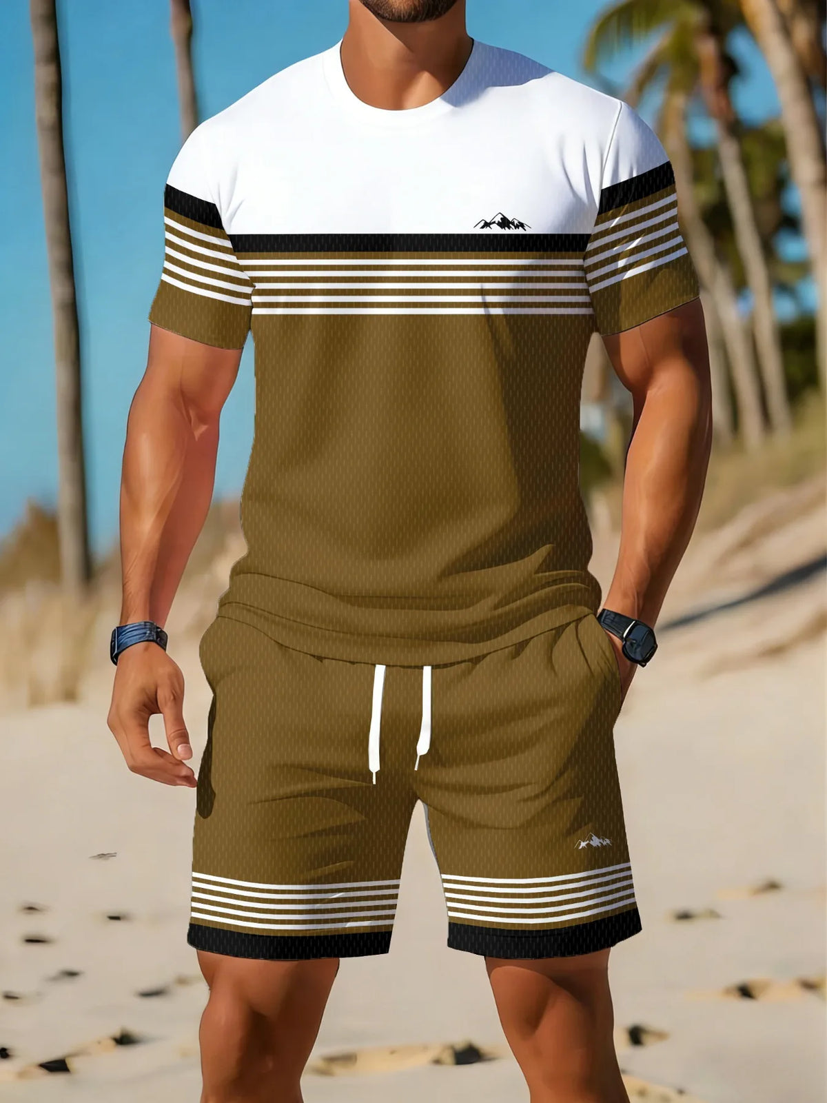 Casual Holiday Beach Men's T-shirt And Shorts 2 Pieces Sets Summer Men's Suit Clothing Stripe Print Short Sleeve Tee Shorts Set