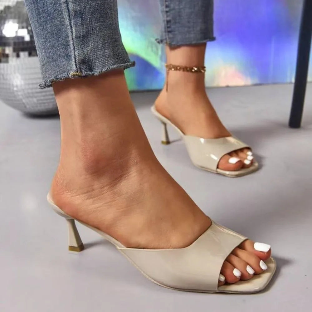 Women’s Elegant Peep Toe Stiletto Heel Sandals Slip-On Open Toe Mid Heel Summer Office Party Dress Shoes