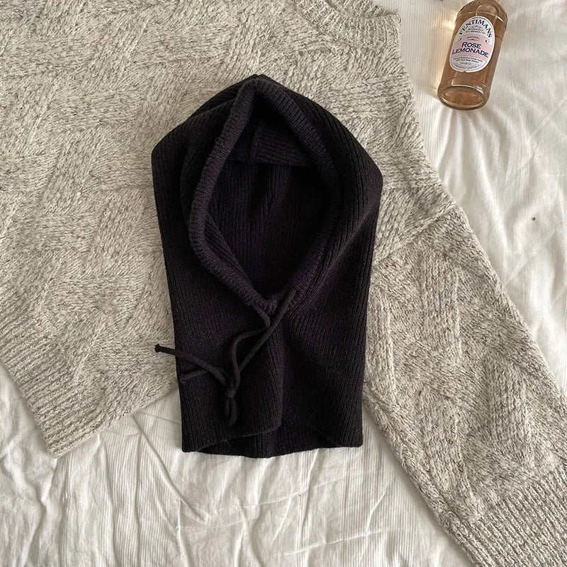 Knitted Hooded Scarf Hat Knit Balaclava Korean Outdoor Style Warm Hooded Scarf with Adjustable Drawstring