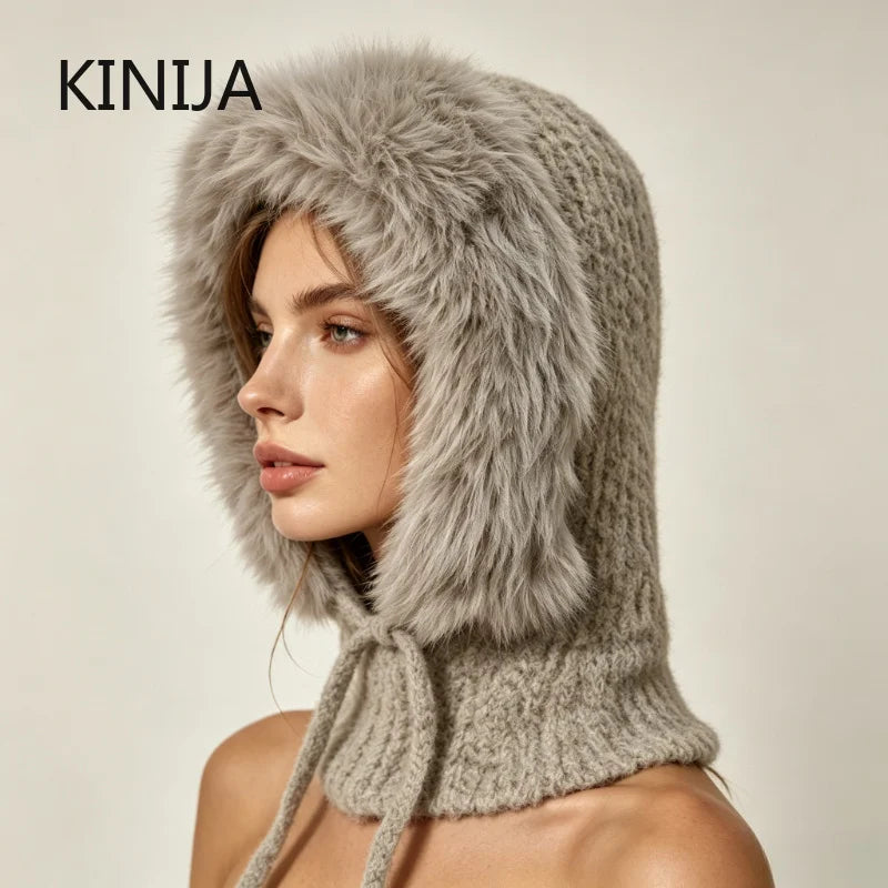 New Balaclava Women's Winter Wool Knitted Hat Ski Windproof Hat Thick Plush Fluffy Beanies Hood Pullover Hats for Riding Outdoor