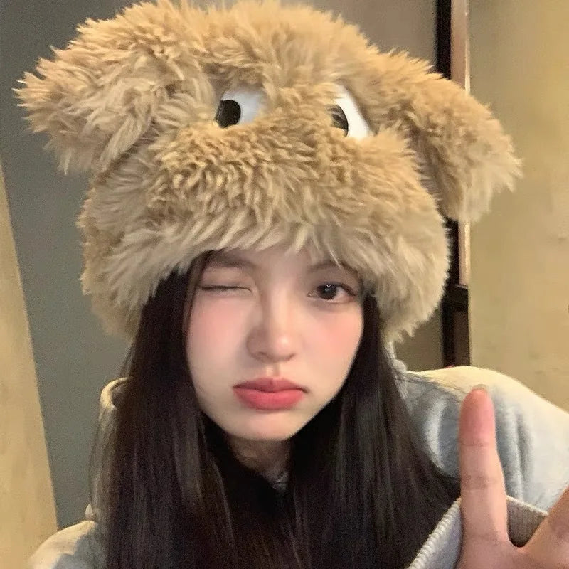 Women's Hats Autumn Winter New Cartoon Puppy 3d Ears Cute Kawaii Sweet Funny Warm Plush Thick Soft Fashionable Pullover Hats