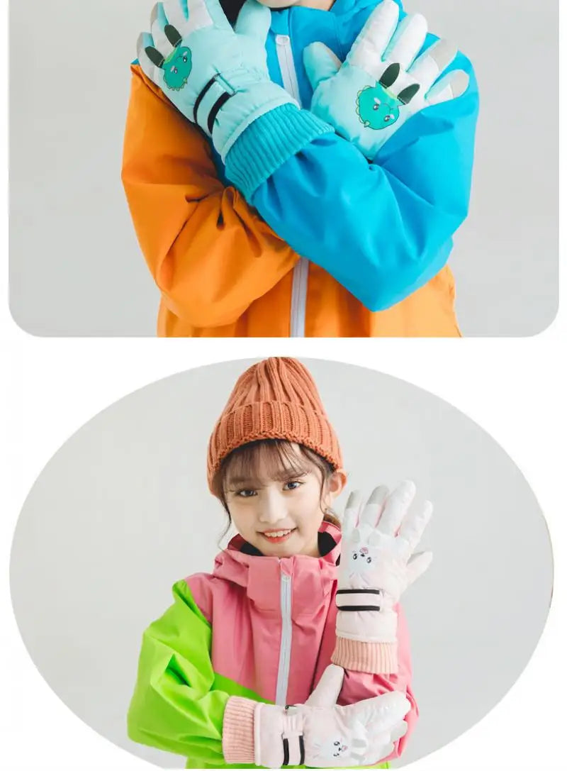 Winter Ski Gloves for Children Windproof Thickened Five-Finger Gloves Cartoon Printed Boys Girls Snow Warm Accessories 4-12Years