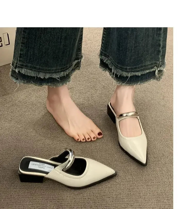 2026 New Women Cover Toe Mules Slippers Fashion Metal Decoration Thick Heel Slide Shoes Comfort Street Style Footwear