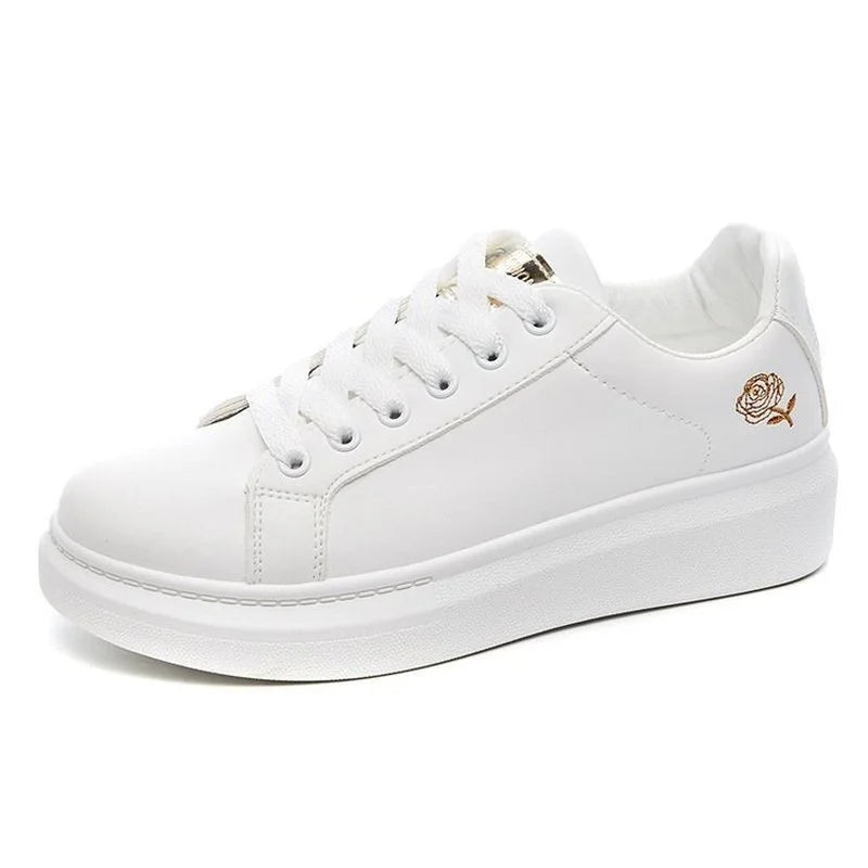 Women’s Floral Embroidered White Sneakers – Breathable PU Leather Lace-Up Casual Fashion Walking Shoes
