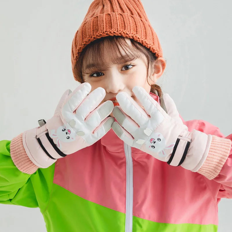 Winter Ski Gloves for Children Windproof Thickened Five-Finger Gloves Cartoon Printed Boys Girls Snow Warm Accessories 4-12Years