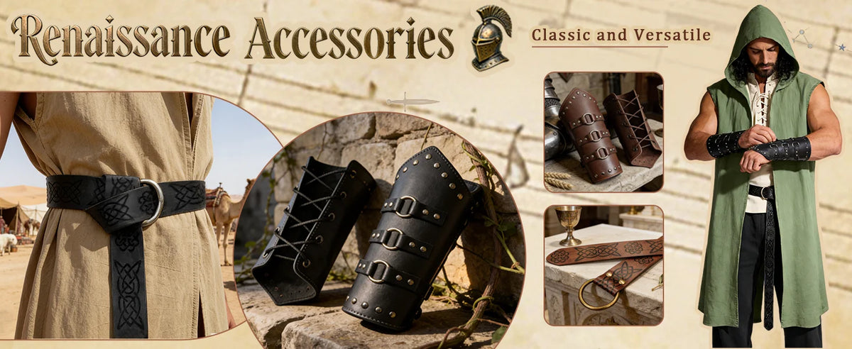 Verceco Men’s Renaissance Costume Set – Medieval/Renaissance Costume for Men with Hooded Surcoat Leather Belt & Bracers