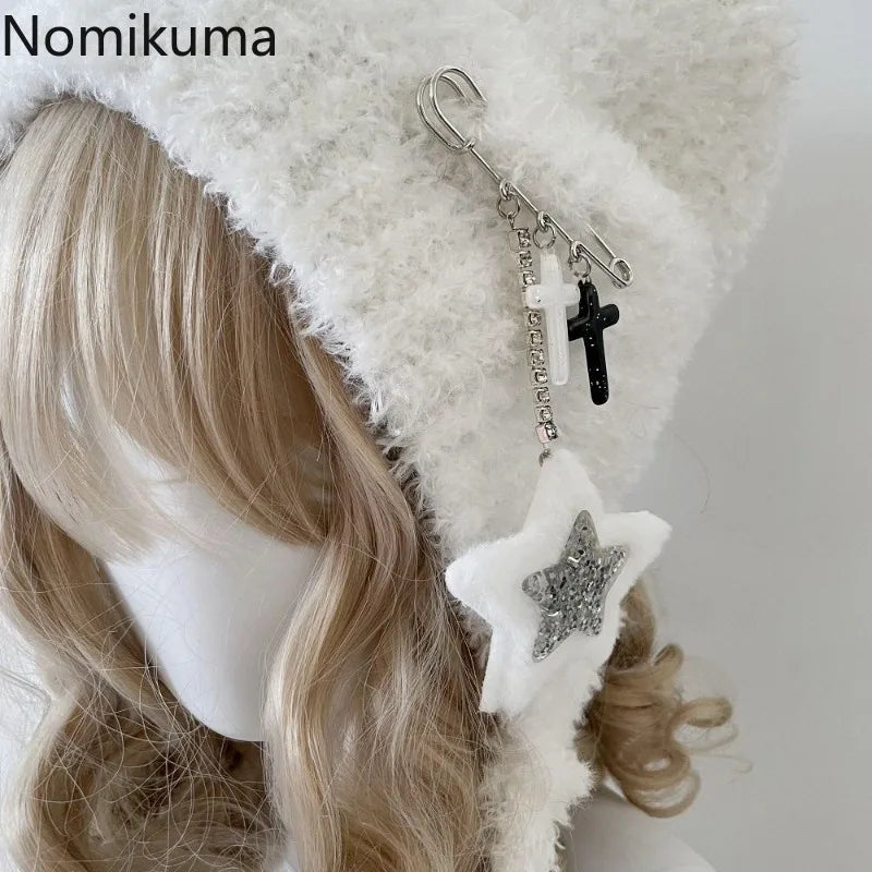 Y2K Cute Star Knitted Beanie Hat Ins Cute Japanese Gorras Knitting Wool Warm Cap Autumn Winter Cat Ears Pointed Women Hats