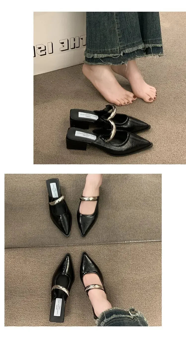 2026 New Women Cover Toe Mules Slippers Fashion Metal Decoration Thick Heel Slide Shoes Comfort Street Style Footwear