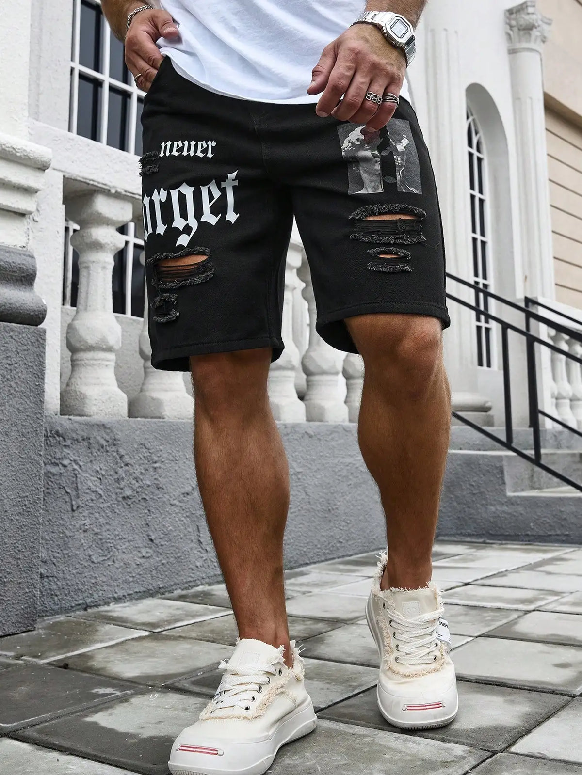 Men Summer Fashion Denim Shorts Jeans For Men Streetwear Letter Ripped Knee Length Baggy Comfort Cargo Casual Shorts Pants Jeans