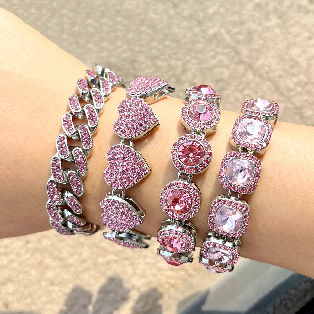 Iced Out Pink Cuban Bracelet Set for Women – 4Pcs Hip Hop Crystal Heart, Circle & Square Gold/Silver Tone Bracelets, Fashion Jewelry Gift