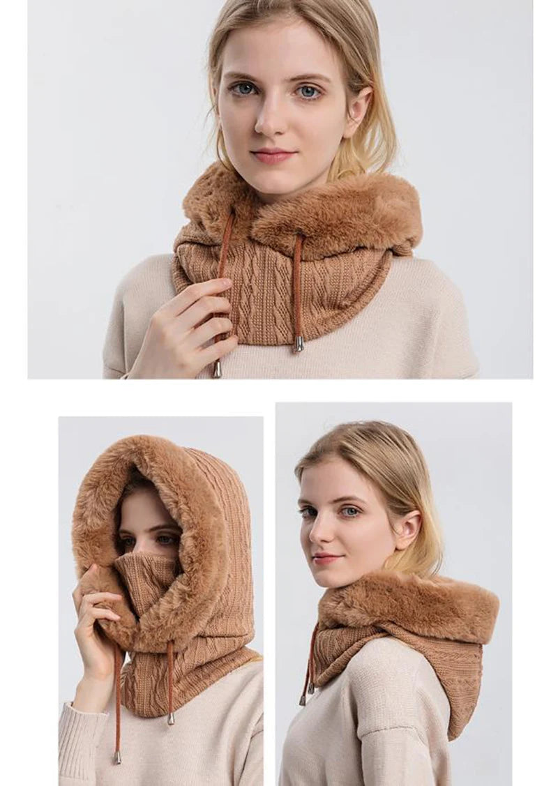 Winter Hat For Women Hooded Face Mask Fluff Keep Warm Thicken Style Neck Scarf Hooded Cap Beanie Knitted Cashmere Neck Warmer