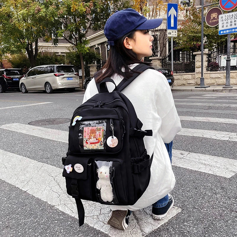 Cute Women’s Waterproof Nylon Backpack – Multi-Pocket Kawaii School Bag, Laptop & Book Pack for Girls, Stylish Student Travel Backpack
