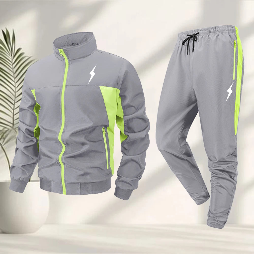 Men’s Lightning Print Sportswear Tracksuit Set – Zip-Up Jacket & Matching Trousers for Outdoor Fitness, Cycling & Casual Active Wear