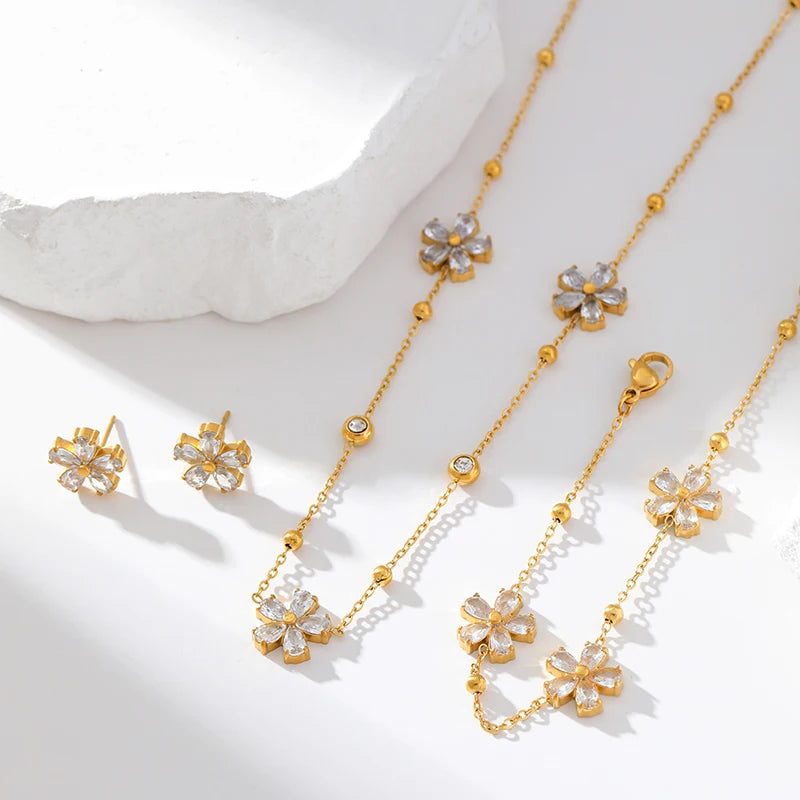 EILIECK 316L Stainless Steel White Zirconia Flower Petal Necklace Bracelet & Earrings Set for Women – Trendy Jewelry Party Gift
