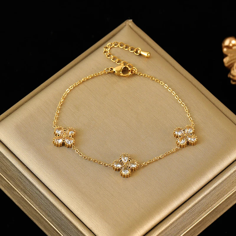 EILIECK 316L Stainless Steel White Zirconia Flower Petal Necklace Bracelet & Earrings Set for Women – Trendy Jewelry Party Gift