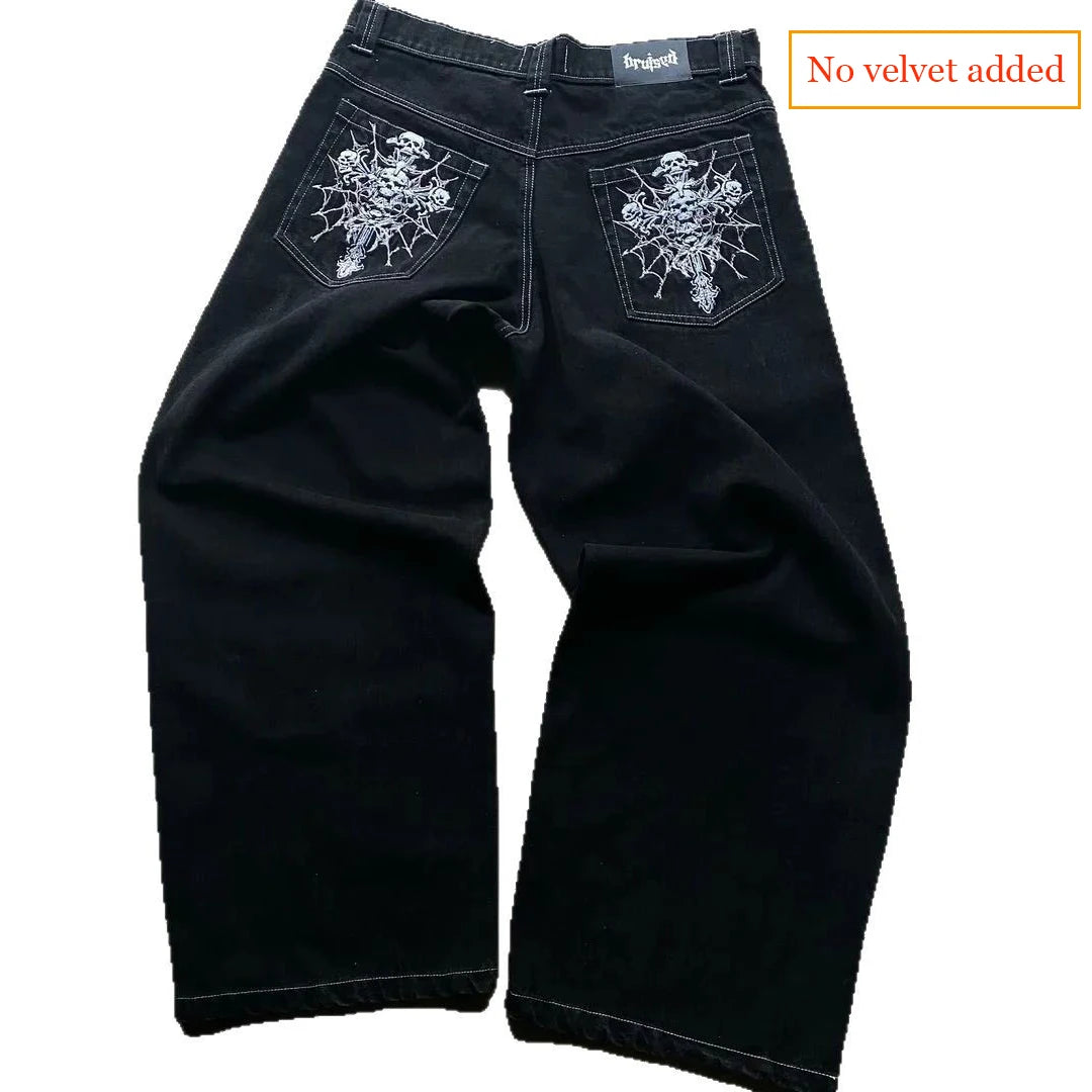 New Y2K Streetwear Jeans American Street Clothes Mens Womens Harajuku Skull Straight Wide-leg Pants Hip-hop Casual Hoodie Top