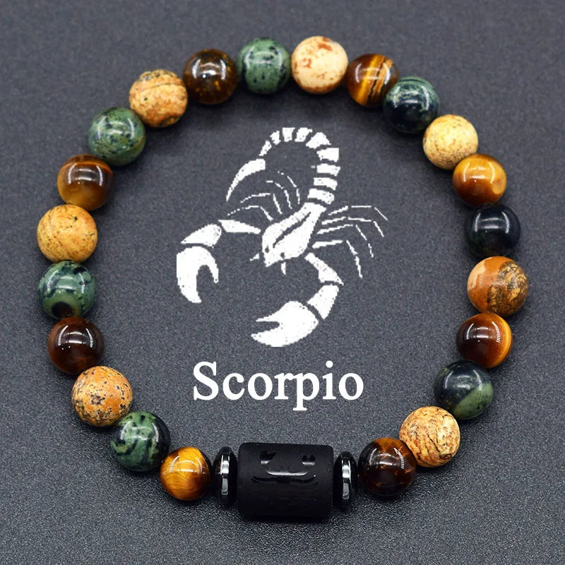 12 Zodiac Constellation Signs Bracelet for Men & Women – Natural Tiger Eye Stone Beaded Bracelet, Leo Taurus Charm Couple Jewelry